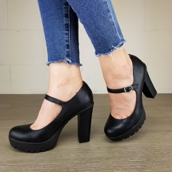 Rockabilly Chunky Platform Heels Faux Leather - Picture 6 of 8